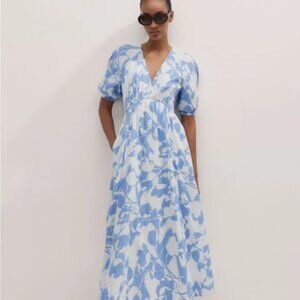ME+EM Blue and White Tulip Print Cheesecloth Midi Dress